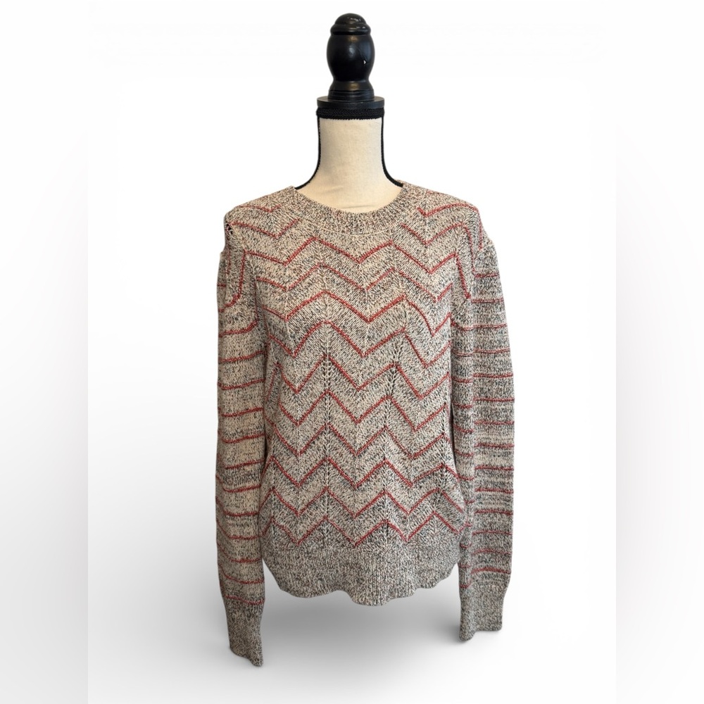 Free People Women's Zig Zag Chevron Knit Crewneck Retro Red Tan Sweater L NWT